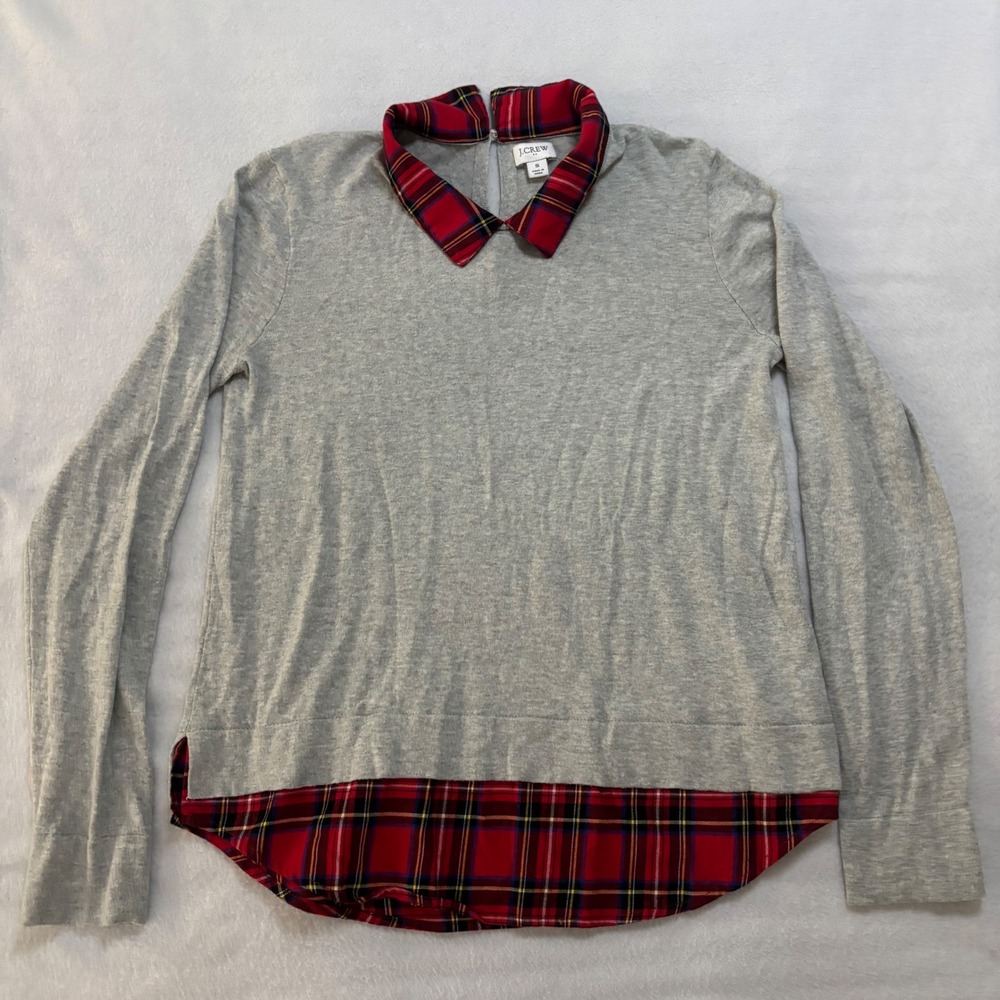 J.Crew Womens Gray Layered Plaid Collar Sweater Size S Red Tartan Cotton Knit